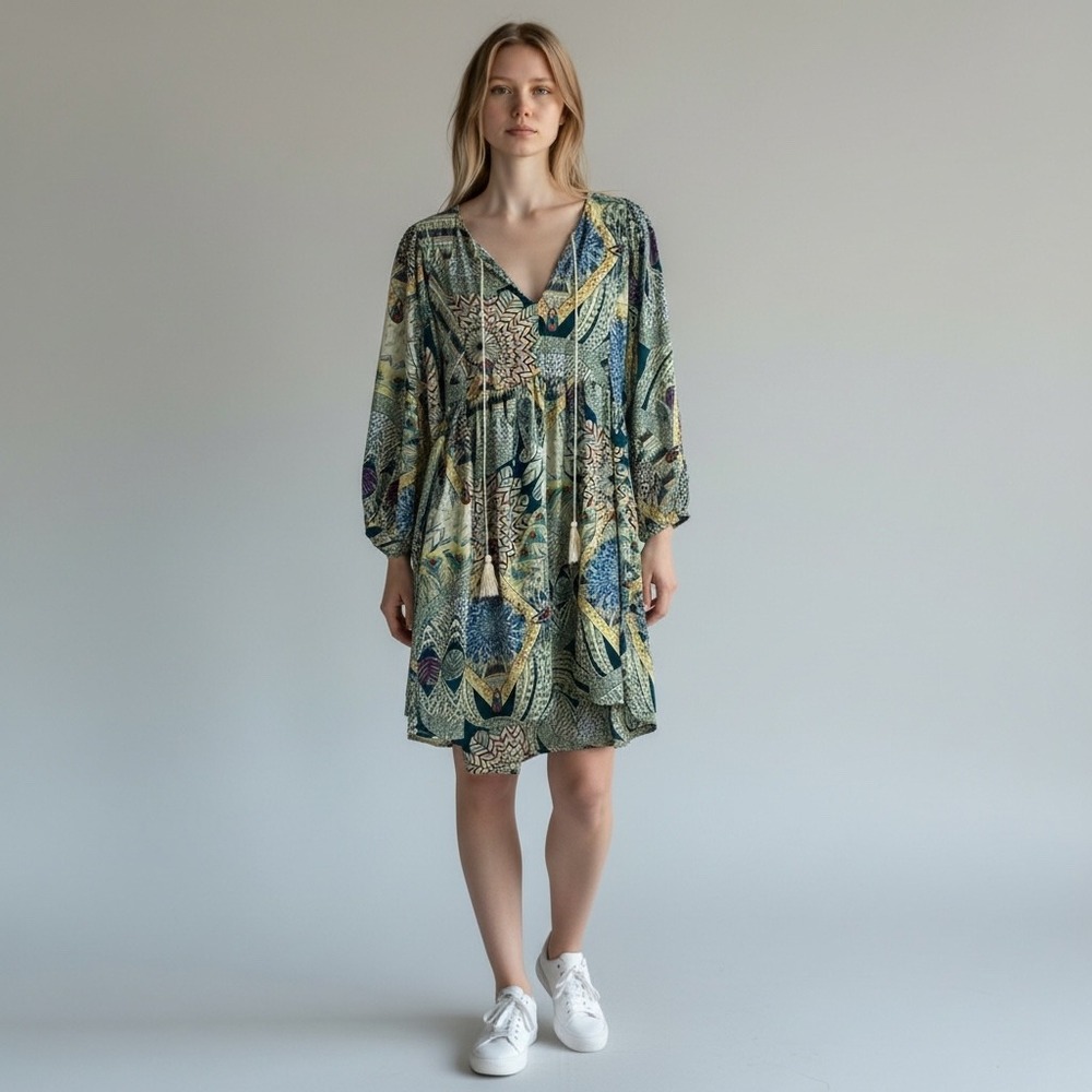 Umgee Womens Boho Medallion Print Tassel Mini Dress Teal Small A9802